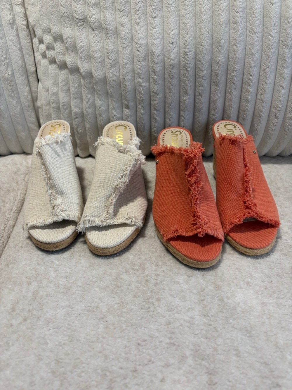 Circus by Sam Edelman Frayed Canvas Slide Mules in Ivory and Coral